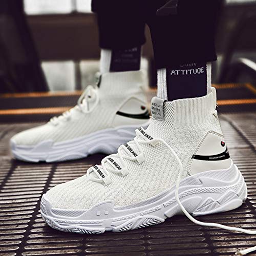 Zapatillas de Deportes Hombre de Tiburón de Alta Transpirables de Invierno Zapatillas para Correr Calcetines Zapatos de Plataforma Calzado Running Casuales(Blanco,43)