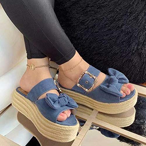 Zapatos de Playa y Piscina Unisex para Adultos,Aumento de Sandalias y Zapatillas de cuña, Plataforma de Cuerda de cáñamo Bowknot Drag-Blue_42,Sandalias con Punta Abierta Junto a la Piscina para Mujer