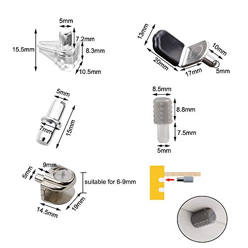 Zasiene Soporte Baldas Armario 100 piezas Soportes Estanterias 5mm Escuadras para Estanterias 5 Estilos Soporte para Estante para Estantería Armario Muebles