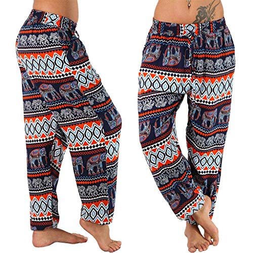 ZHANGYY Pantalones Harem Hippie para Mujer, Holgados, con Estampado Bohemio, Cintura Alta, Fruncido, Fino con Bolsillos, Pantalones de salón para Yoga, Playa de Verano