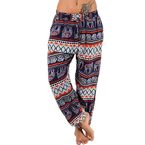 ZHANGYY Pantalones Harem Hippie para Mujer, Holgados, con Estampado Bohemio, Cintura Alta, Fruncido, Fino con Bolsillos, Pantalones de salón para Yoga, Playa de Verano