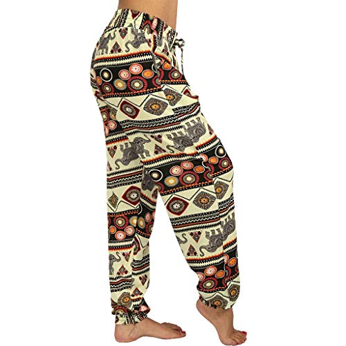 ZHANGYY Pantalones Harem Hippie para Mujer, Holgados, con Estampado Bohemio, Cintura Alta, Fruncido, Fino con Bolsillos, Pantalones de salón para Yoga, Playa de Verano