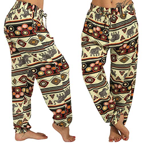 ZHANGYY Pantalones Harem Hippie para Mujer, Holgados, con Estampado Bohemio, Cintura Alta, Fruncido, Fino con Bolsillos, Pantalones de salón para Yoga, Playa de Verano