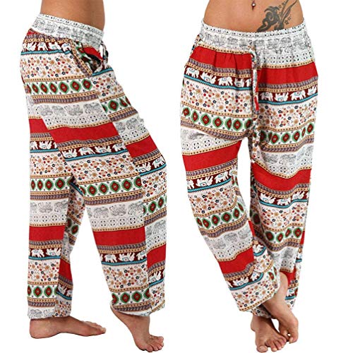 ZHANGYY Pantalones Harem Hippie para Mujer, Holgados, con Estampado Bohemio, Cintura Alta, Fruncido, Fino con Bolsillos, Pantalones de salón para Yoga, Playa de Verano