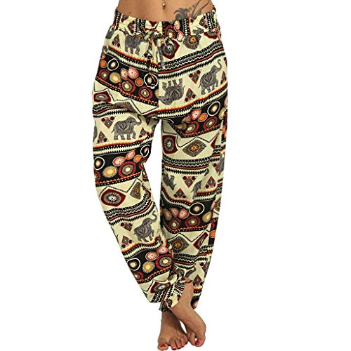 ZHANGYY Pantalones Harem Hippie para Mujer, Holgados, con Estampado Bohemio, Cintura Alta, Fruncido, Fino con Bolsillos, Pantalones de salón para Yoga, Playa de Verano