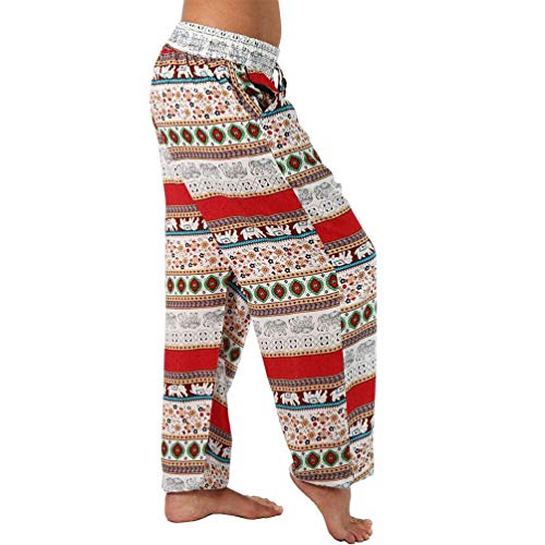 ZHANGYY Pantalones Harem Hippie para Mujer, Holgados, con Estampado Bohemio, Cintura Alta, Fruncido, Fino con Bolsillos, Pantalones de salón para Yoga, Playa de Verano