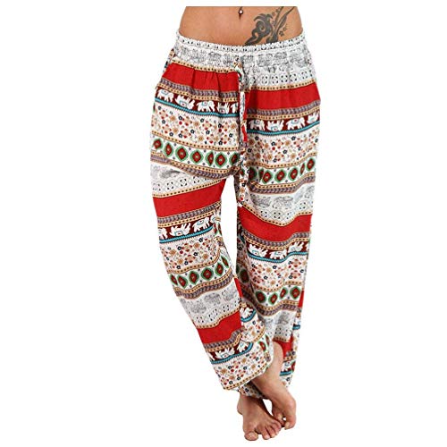 ZHANGYY Pantalones Harem Hippie para Mujer, Holgados, con Estampado Bohemio, Cintura Alta, Fruncido, Fino con Bolsillos, Pantalones de salón para Yoga, Playa de Verano