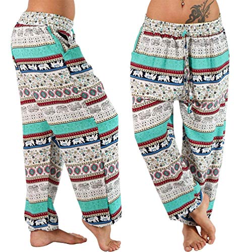 ZHANGYY Pantalones Harem Hippie para Mujer, Holgados, con Estampado Bohemio, Cintura Alta, Fruncido, Fino con Bolsillos, Pantalones de salón para Yoga, Playa de Verano