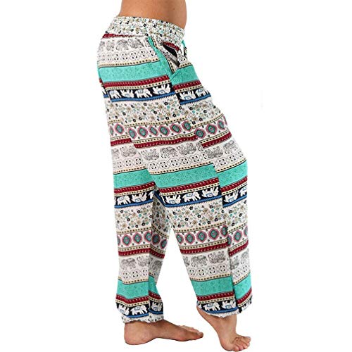 ZHANGYY Pantalones Harem Hippie para Mujer, Holgados, con Estampado Bohemio, Cintura Alta, Fruncido, Fino con Bolsillos, Pantalones de salón para Yoga, Playa de Verano