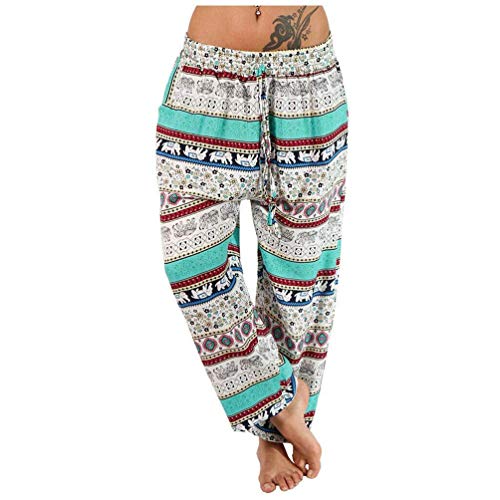 ZHANGYY Pantalones Harem Hippie para Mujer, Holgados, con Estampado Bohemio, Cintura Alta, Fruncido, Fino con Bolsillos, Pantalones de salón para Yoga, Playa de Verano