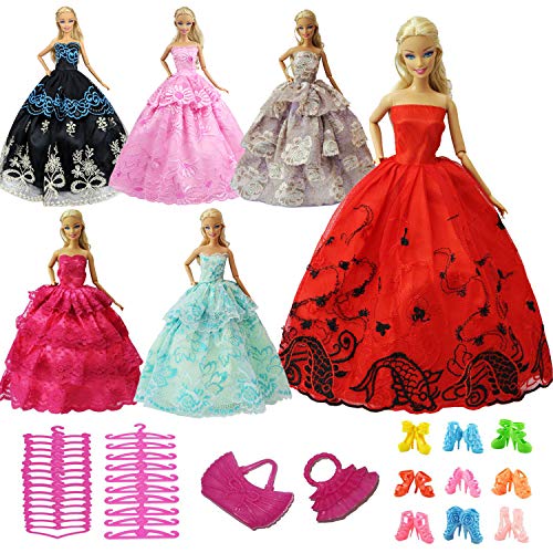 ZITA ELEMENT 15 Piezas Ropa y Accesorios - 5 Conjuntos Vestidos para 11,5 Pulgadas Muñeca Fiesta Aleatorio 5 Pares Zapatos 3 Perchas 2 Bolsos de Mano de Moda de Regalo Niña