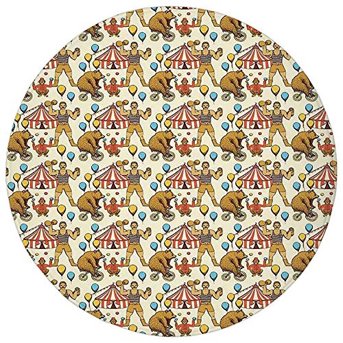 ZMYGH Round Rug Mat Carpet,Circus Decor,Sketch Circles in Vintage Style Bear Rigdding on a Bicycle Strongman,Flannel Microfiber Non-Slip Soft Absorbent,for Kitchen Floor Bathroom