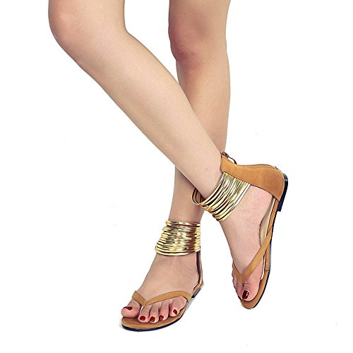 ZOELOVE Sandalias de Mujer Zapatos Planos de Verano Cuero de PU Cuero de Bohemia Separador de Velcro Zapatos para Caminar Sandalias Romanas con tacón Plano en Tonos Dorados/marrón,38