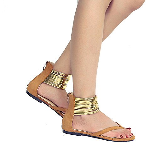 ZOELOVE Sandalias de Mujer Zapatos Planos de Verano Cuero de PU Cuero de Bohemia Separador de Velcro Zapatos para Caminar Sandalias Romanas con tacón Plano en Tonos Dorados/marrón,38