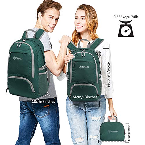 ZOMAKE 30L Ligera Mochila Plegable de Senderismo Excursión Deportes, Mochilas Pequeña Impermeable para Mujer Hombre Viaje(Verde Oscuro)