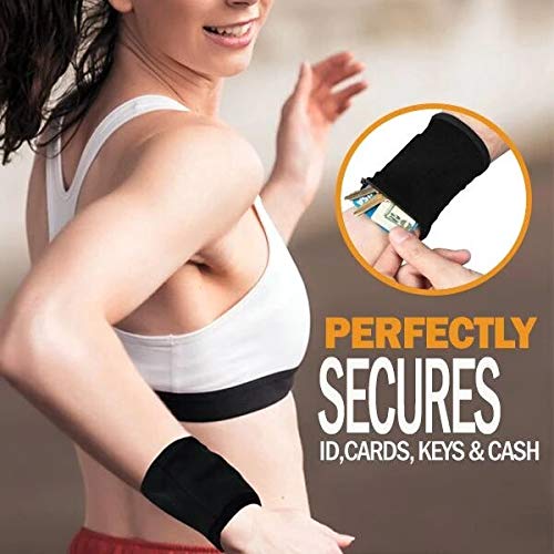 ZZSNT (Pack of 2) Wrist Pouch, Sports Wrist Wallet, Ankle Wallet Pouch, Sweat Bands, Hidden Pouch, Wristlet Wallet for Running Travel Gym Black