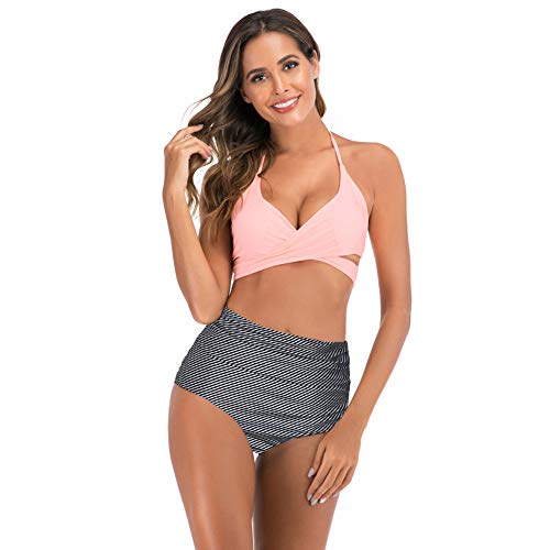 De Las Mujeres de Cintura Alta Bikini Traje de baño Atractivo del Vendaje del Abrigo de la Parte Superior Playa Traje de baño Ajustable Acolchada Conservador Cuello en V Bikini de,Diagonal Bar,S