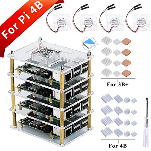 GeeekPi Raspberry Pi 4 Model B,Raspberry Pi 3 B + Caja con Ventilador de refrigeración y disipador de Calor, Caja de acrílico de 4 Capas Caja apilable Cluster Caja para Raspberry Pi 3/2 Modelo B