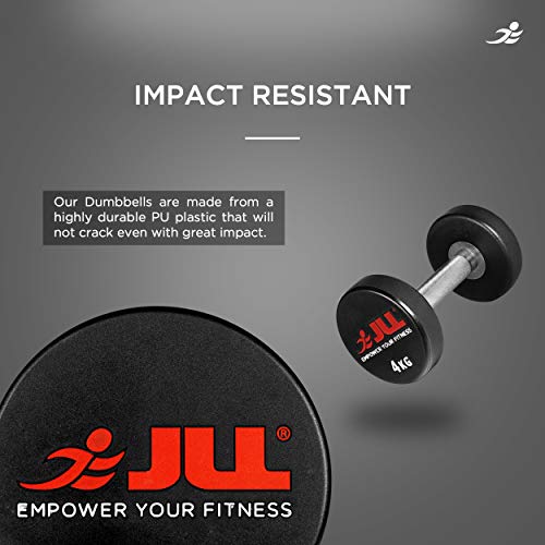 JLL - Mancuernas de poliuretano (4 kg - 32 kg, se venden en pares, peso fijo, mancuerna redonda, goma, levantamiento de peso, fitness, gimnasio, peso unisex), negro/rojo