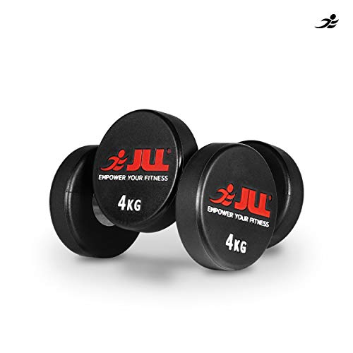 JLL - Mancuernas de poliuretano (4 kg - 32 kg, se venden en pares, peso fijo, mancuerna redonda, goma, levantamiento de peso, fitness, gimnasio, peso unisex), negro/rojo