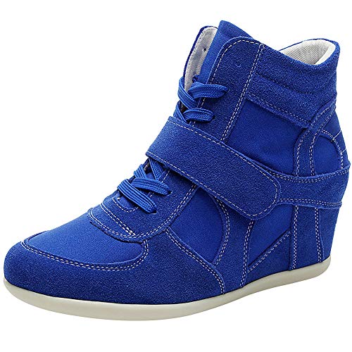 rismart Mujer Tacón De Cuña Velcro Brogue Casual Ante Zapatillas Zapatos 8522(Azul Real,EU39)