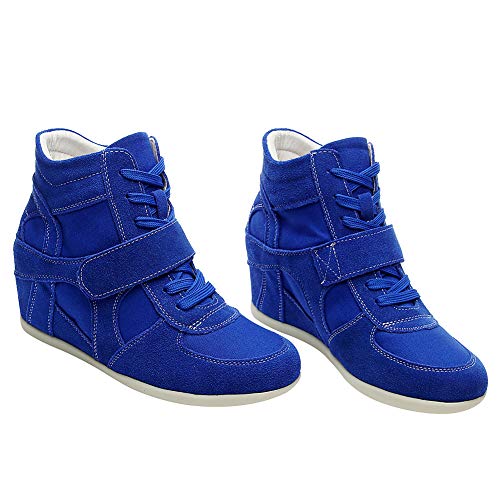 rismart Mujer Tacón De Cuña Velcro Brogue Casual Ante Zapatillas Zapatos 8522(Azul Real,EU39)