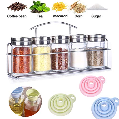 Saijer Juego De Sazonador De Acero Inoxidable Set, Organizador De Racks De Hierbas Y Especias con 5 Botes De Cristal con Tapas para Spice Rack Condimento Cruet Botella Sal Pimienta Azúcar(9 Piezas)