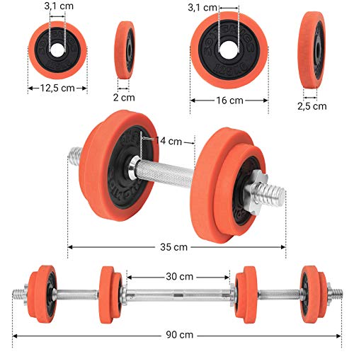 SONGMICS Set de Mancuernas de Hierro Fundido Ajustable con Barra Extra, Cubiertas extraíbles, para Hombres, Mujeres, Entrenamiento, Levantamiento de Pesas en el Gimnasio de Casa Naranja SYL20LRA