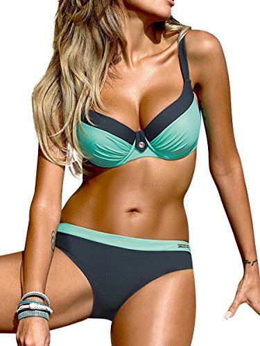 Voqeen Mujer Bikini de Gradiente de Color Establece Retro Empuja hacia Arriba Dos Piezas Acolchadas Lunares/Rayas/Cristal Impresa Ropa de Playa Traje de baño